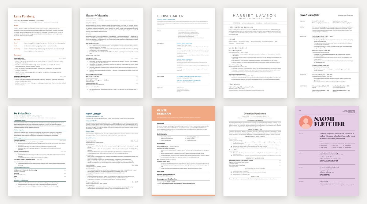 Ten professional CV designs from CV Suite, from traditional serif layouts to modern formats for creative roles